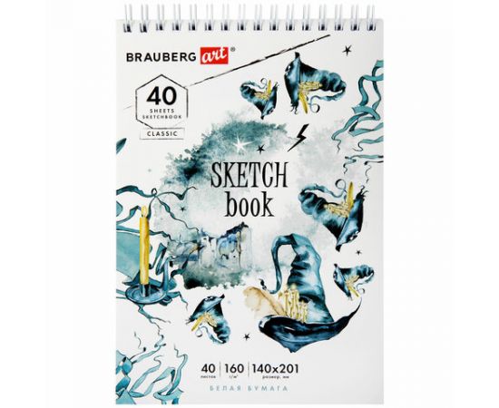 Скетчбук, белая бумага 160г/м2, 140х201мм, 40л,гребень,жёст. подложка, BRAUBERG ART, ассорти, 115071 115071