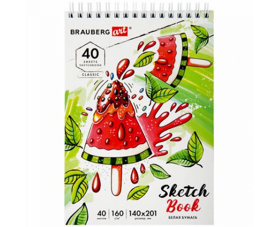 Скетчбук, белая бумага 160г/м2, 140х201мм, 40л,гребень,жёст. подложка, BRAUBERG ART, ассорти, 115071 115071