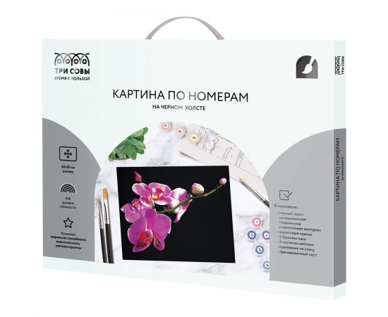 Картина по номерам на черном холсте ТРИ СОВЫ "Цветы орхидеи", 40*50, c акриловыми красками и кистями КХп_48159