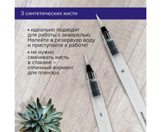Кисти художественные с резервуаром для воды синтетика набор 3 шт, BRAUBERG ART DEBUT, 200964 200964