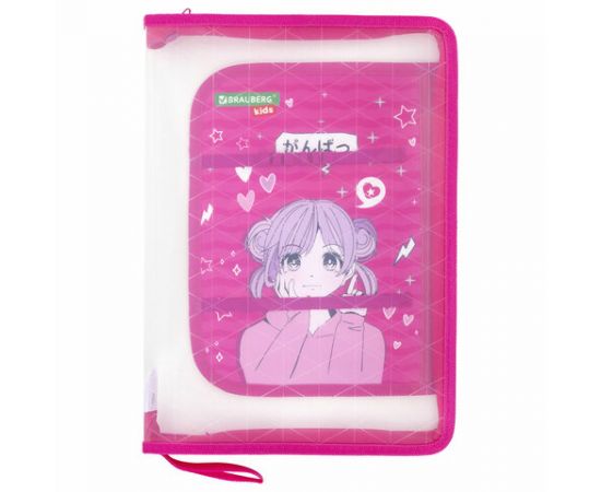 Папка для труда на молнии BRAUBERG KIDS А4, 1 отделение, прозрачная, органайзер, Anime style, 272208 272208