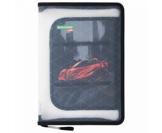 Папка для труда на молнии BRAUBERG KIDS А4, 1 отделение, прозрачная, органайзер, Red car, 272209 272209