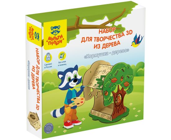 Набор для творчества 3D из дерева Мульти-Пульти "Кормушка - дерево" с акриловыми красками и кистями 3D_41956
