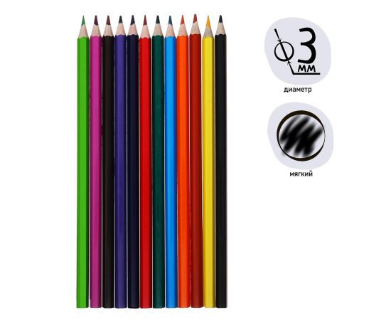Карандаши 12 цветов Calligrata Soft, заточенные, шестигранные, пластиковые, картонная упаковка, европодвес 9904958
