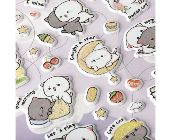 Наклейки объемные MESHU "Cute kittens", 10*23см, с блестками,  пакет европодвес MS_57661