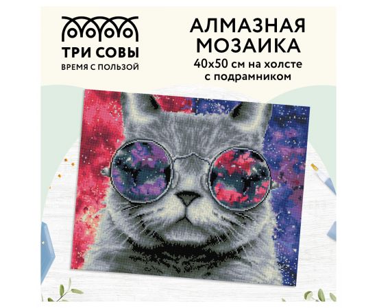 Алмазная мозаика ТРИ СОВЫ "Кошачий космос", 40*50см, холст на деревянном подрамнике, картонная коробка с пластиковой ручкой АМП4050_47621