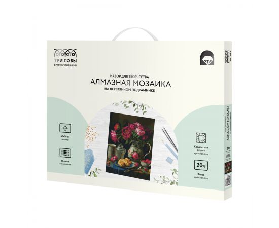 Алмазная мозаика ТРИ СОВЫ "Пионы и клубника", 40*50см, холст на деревянном подрамнике, картонная коробка с пластиковой ручкой АМП4050_52989