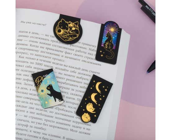 Закладки магнитные для книг, 4шт., MESHU "Moon cat", софт-тач, фольга MS_58278