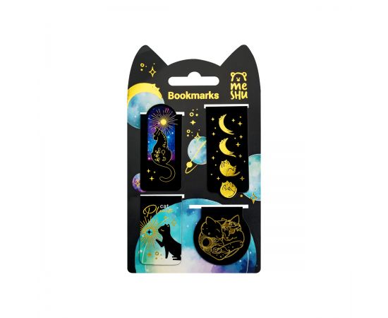 Закладки магнитные для книг, 4шт., MESHU "Moon cat", софт-тач, фольга MS_58278