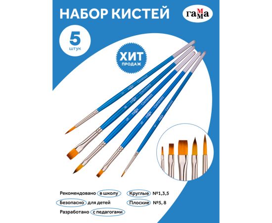 Набор кистей Гамма "Классические" 5шт., синтетика, круглые № 1, 3, 5, плоские № 5, 8, блистер, европодвес 280618.09.06