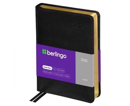 Ежедневник датированный 2025г., А6, 184л., кожзам, Berlingo "xGold", зол. срез, черный DD5_81605