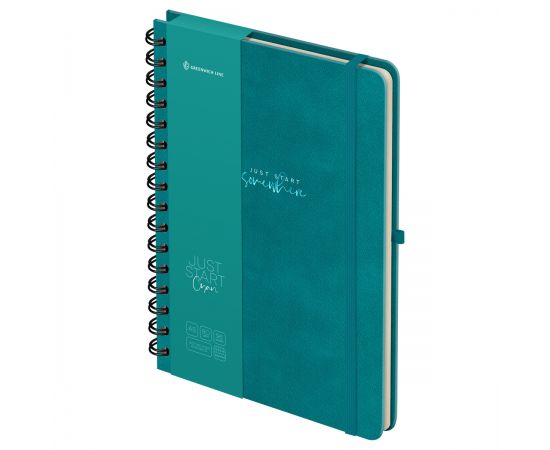 Записная книжка А5 96л., кожзам, на гребне, Greenwich Line "Just start. Cyan", твердая обложка, тиснение фольгой, с петлей для ручки NA5с_51426