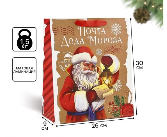 Пакет подарочный новогодний ламинированный «Почта Деда Мороза», M 26×30×9 см 10348944
