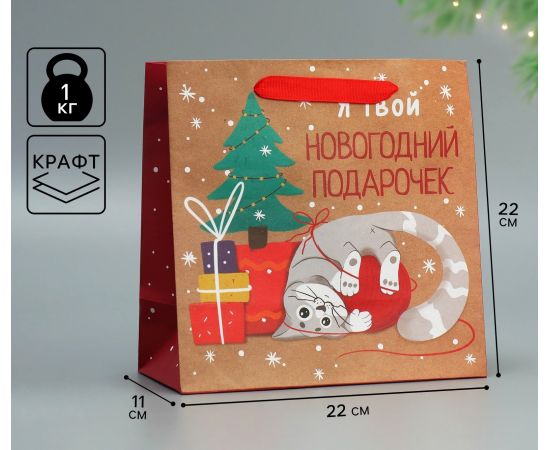 Пакет подарочный новогодний крафтовый квадратный «Подарочек», 22 х 22 х 11 см, Новый год 9524165