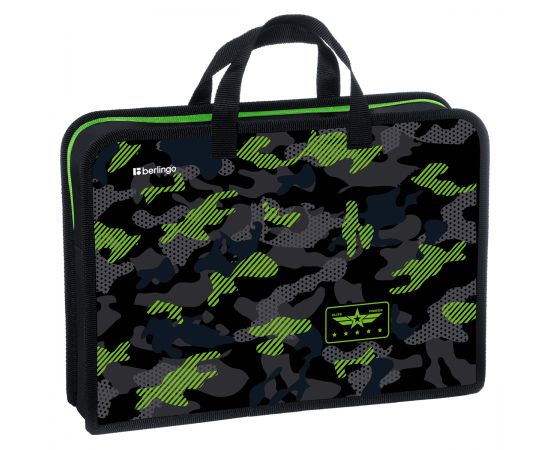Папка с ручками 1 отделение, А4 Berlingo "Black and green", 340*245*75мм, пластик, на молнии BR-PT-A47508