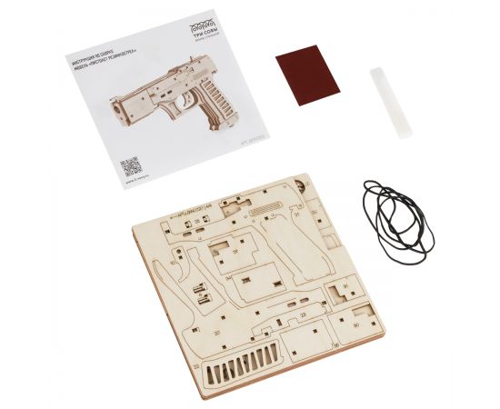 Конструктор деревянный ТРИ СОВЫ "Пистолет резинкострел", 18,5*2,7*13м, 58 деталей, картонная коробка ДКНС020