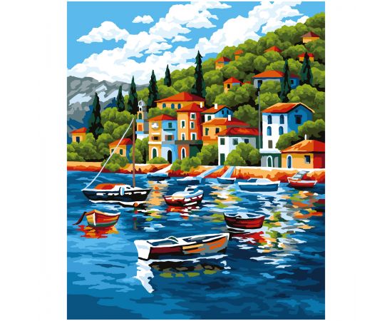 Картина по номерам на холсте ТРИ СОВЫ "Рыбацкая деревня на побережье", 40*50, с акриловыми красками и кистями КХ4050_53945