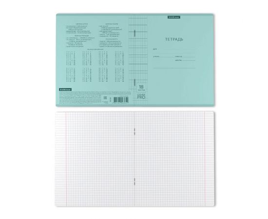 Тетрадь школьная ученическая с пластиковой обложкой на скобе ErichKrause Классика CoverPrо Pastel, мятный, А5+, 18 листов, клетка 018015254-56364