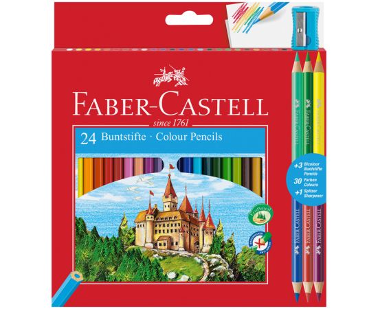 Карандаши цветные Faber-Castell "Замок", 24цв., шестигр., заточ.+6цв.+точилка, картон, европодвес 110324