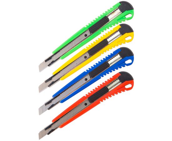 Нож канцелярский 9мм OfficeSpace, усиленный, с фиксатором, металл. направляющие, ассорти, европодвес 262450