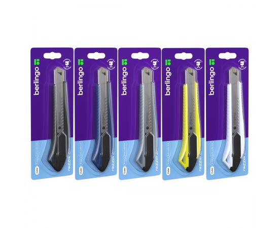 Нож канцелярский 18мм Berlingo "Razzor 200", auto-lock, металл. направл., ассорти, европодвес BM4130