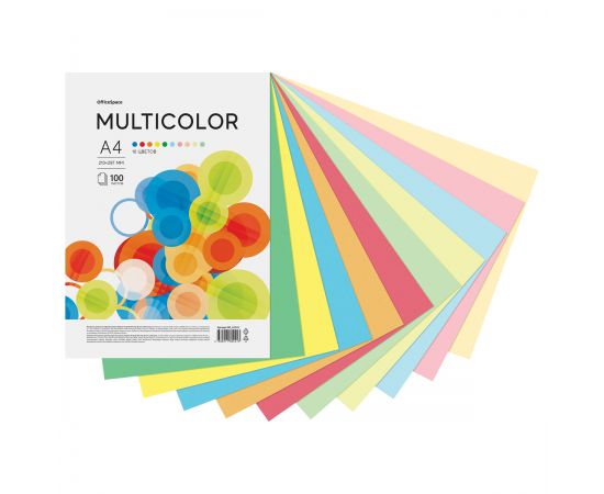 Бумага цветная OfficeSpace "Multicolor", А4, 80г/м2, 100л., (10 цветов) MC_62241