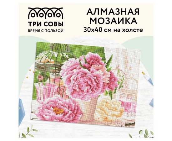 Алмазная мозаика ТРИ СОВЫ "Розовые пионы", 30*40см, холст, картонная коробка с пластиковой ручкой АМ3040_47524
