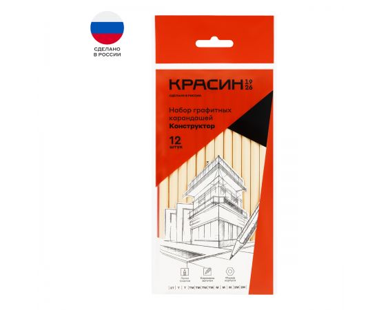 Набор карандашей ч/г Красин "Конструктор" 12шт., 2Т (2Н), Т (Н)-2, ТМ (НВ)-4, М (В)-3, 2М (2В)-2, шестигран., заточен., ПП пакет, европодвес С-350