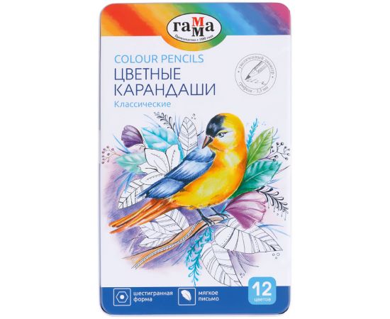 Карандаши цветные Гамма "Классические", 12цв., увелич. диаметр грифеля 3,3мм, заточен., метал. пенал 80220212