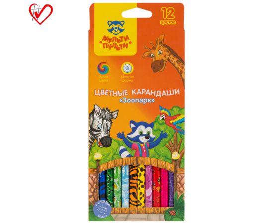 Карандаши цветные Мульти-Пульти "Зоопарк", 12цв., рисунок на корпусе, заточен., картон, европодвес CP_19277
