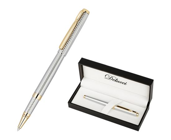 Ручка-роллер Delucci "Celeste" синяя, 0,6мм, цвет корпуса - серебро/золото, подарочная упаковка CPs_61913