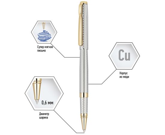 Ручка-роллер Delucci "Celeste" синяя, 0,6мм, цвет корпуса - серебро/золото, подарочная упаковка CPs_61913