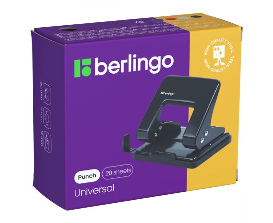 Дырокол Berlingo "Universal" 20л., металлический, ассорти, с линейкой DDm_20049