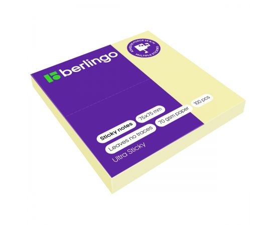 Самоклеящийся блок Berlingo "Ultra Sticky", 75*75мм, 100л., пастель, желтый LSn_39100