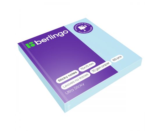 Самоклеящийся блок Berlingo "Ultra Sticky", 75*75мм, 100л., пастель, голубой LSn_39205