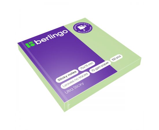 Самоклеящийся блок Berlingo "Ultra Sticky", 75*75мм, 100л., пастель, зеленый LSn_39206