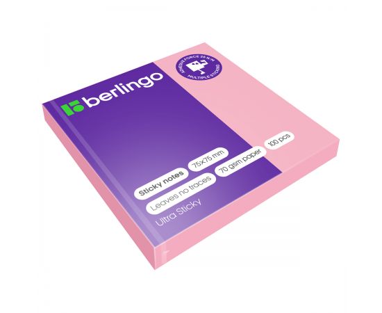 Самоклеящийся блок Berlingo "Ultra Sticky", 75*75мм, 100л., пастель, розовый LSn_39207