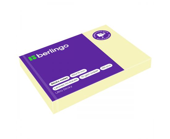 Самоклеящийся блок Berlingo "Ultra Sticky", 100*75мм, 100л., пастель, желтый LSn_39500