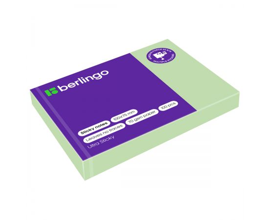 Самоклеящийся блок Berlingo "Ultra Sticky", 100*75мм, 100л., пастель, зеленый LSn_39501