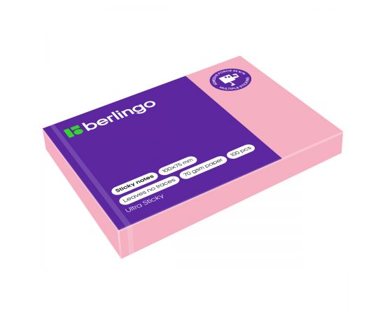 Самоклеящийся блок Berlingo "Ultra Sticky", 100*75мм, 100л., пастель, розовый LSn_39503