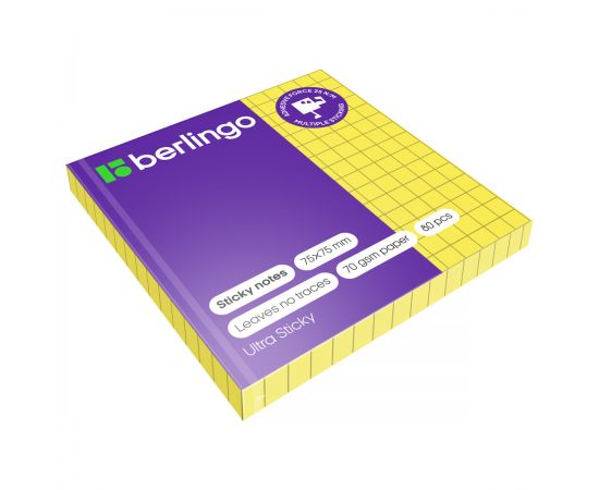 Самоклеящийся блок Berlingo "Ultra Sticky", 75*75мм, 80л., в клетку, желтый неон LSn_39700