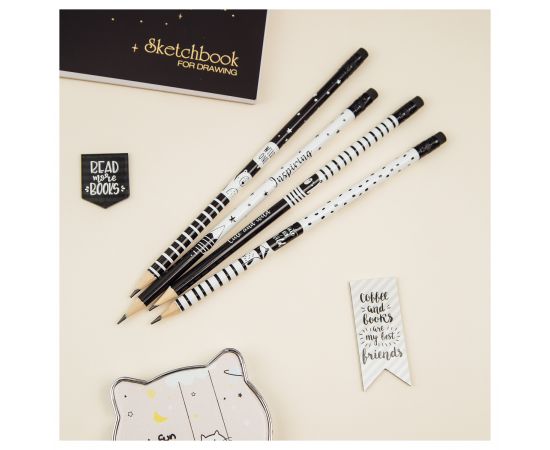 Карандаш ч/г MESHU "Black&white", HB, заточен., с печатью, с ластиком, ассорти, туба MS_47220