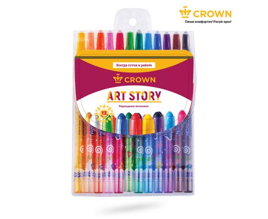 Карандаши восковые Crown "ArtStory", 12цв., выкручивающийся стержень, ПВХ, европодвес TP-1200