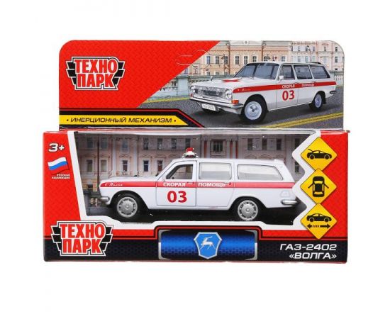 Машина металл ГАЗ-2402 "ВОЛГА" СКОРАЯ 12 см, двери, багаж, белая, в кор. 303651 303651