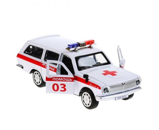 Машина металл ГАЗ-2402 "ВОЛГА" СКОРАЯ 12 см, двери, багаж, белая, в кор. 303651 303651
