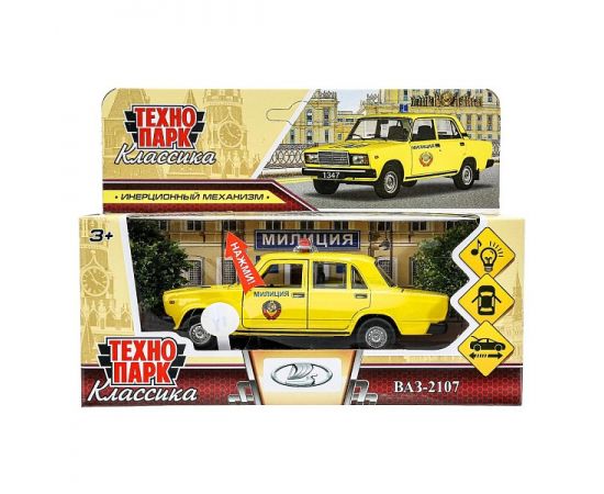 Машина металл ваз-2107 ПОЛИЦИЯ, св-зв, длина 12 см, дв, баг,ин, желтый, кор. Технопарк в кор.2*36шт 384359