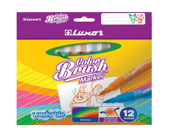 Фломастеры с кистевым пишущим узлом Luxor "Color Brush", 12цв., смываемые, картон, европодвес 6106/Box 12