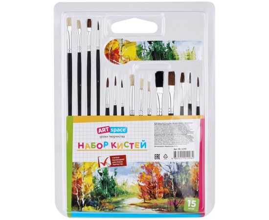 Набор кистей ArtSpace 15шт., пони, щетина, плоские, круглые, блистер SB_3298