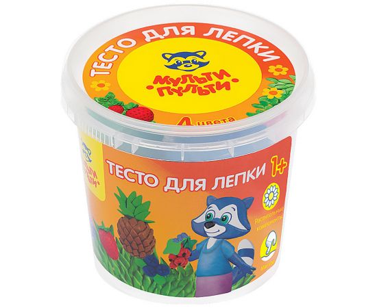 Тесто для лепки Мульти-Пульти "Енот на каникулах", 04 цвета*60г, пластиковый стакан ТЛ_12206