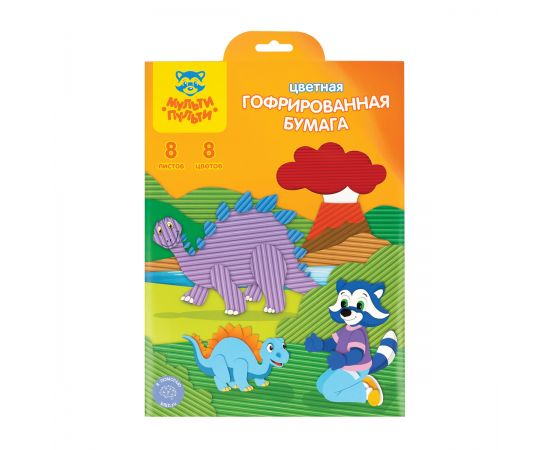 Цветная бумага гофрированная А4, Мульти-Пульти, 8л., 8цв., в папке с европодвесом, "Приключения Енота" ЦБгА4_18875